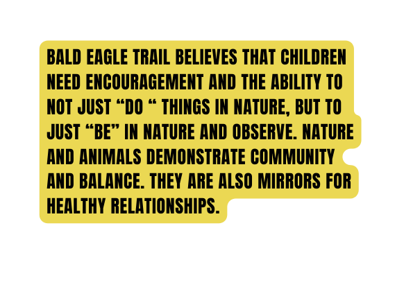 Bald Eagle Trail BELIEVES THAT CHILDREN NEED ENCOURAGEMENT AND THE ABILITY TO NOT JUST DO THINGS IN NATURE BUT TO JUST BE IN NATURE AND OBSERVE NATURE AND ANIMALS DEMONSTRATE COMMUNITY AND BALANCE THEY ARE ALSO MIRRORS FOR HEALTHY RELATIONSHIPS