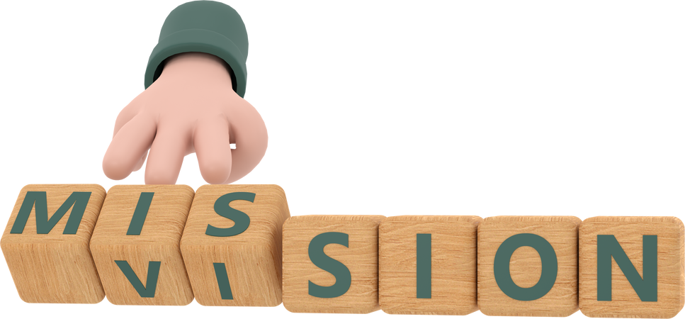 3d. Hand turns dice and changes the word "mission" to "vision".